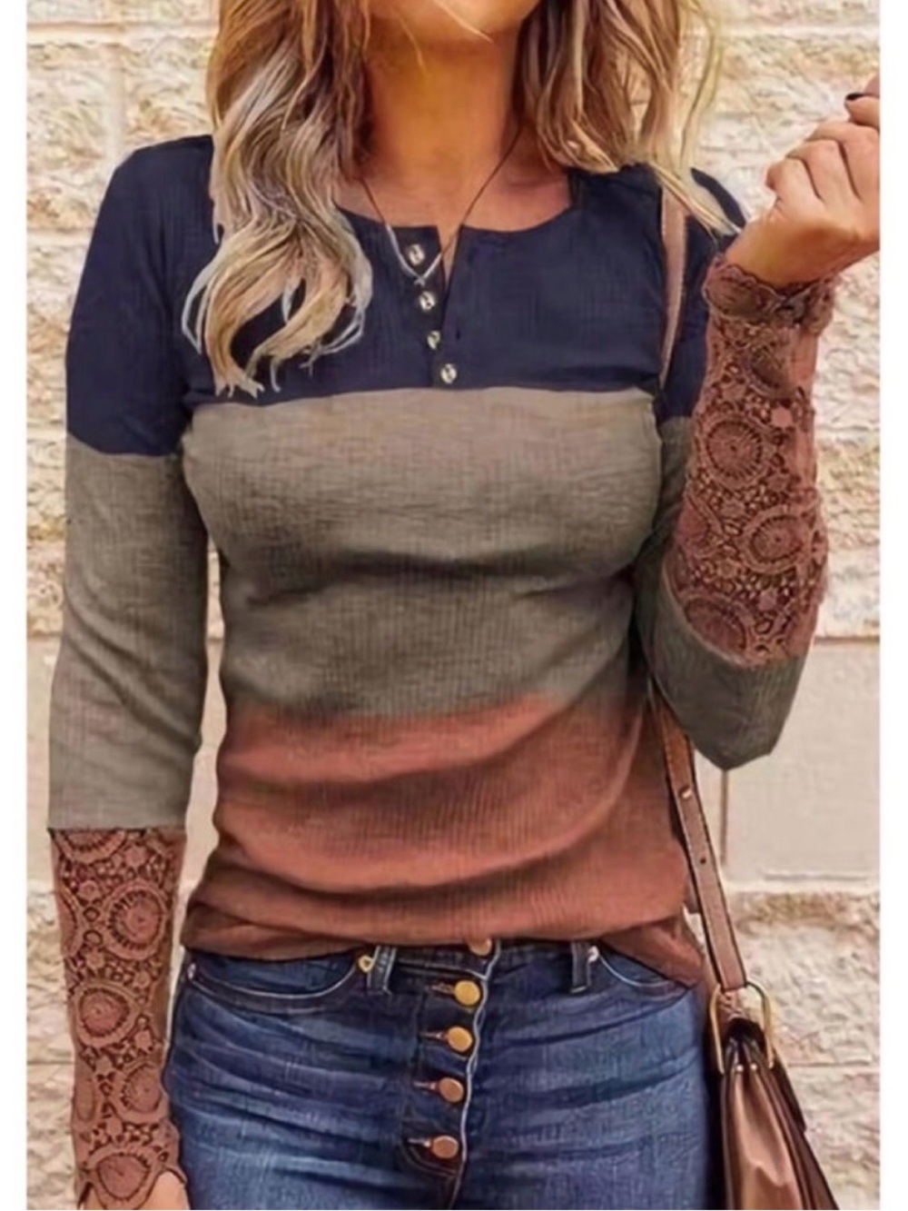 Colorblock Lace Sleeve Henley Top - Black, Gray & Brown